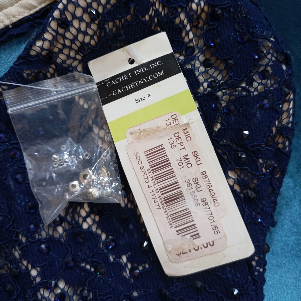 Cachet lace and satin navy blue jeweled waistband gown - Picture 9 of 13